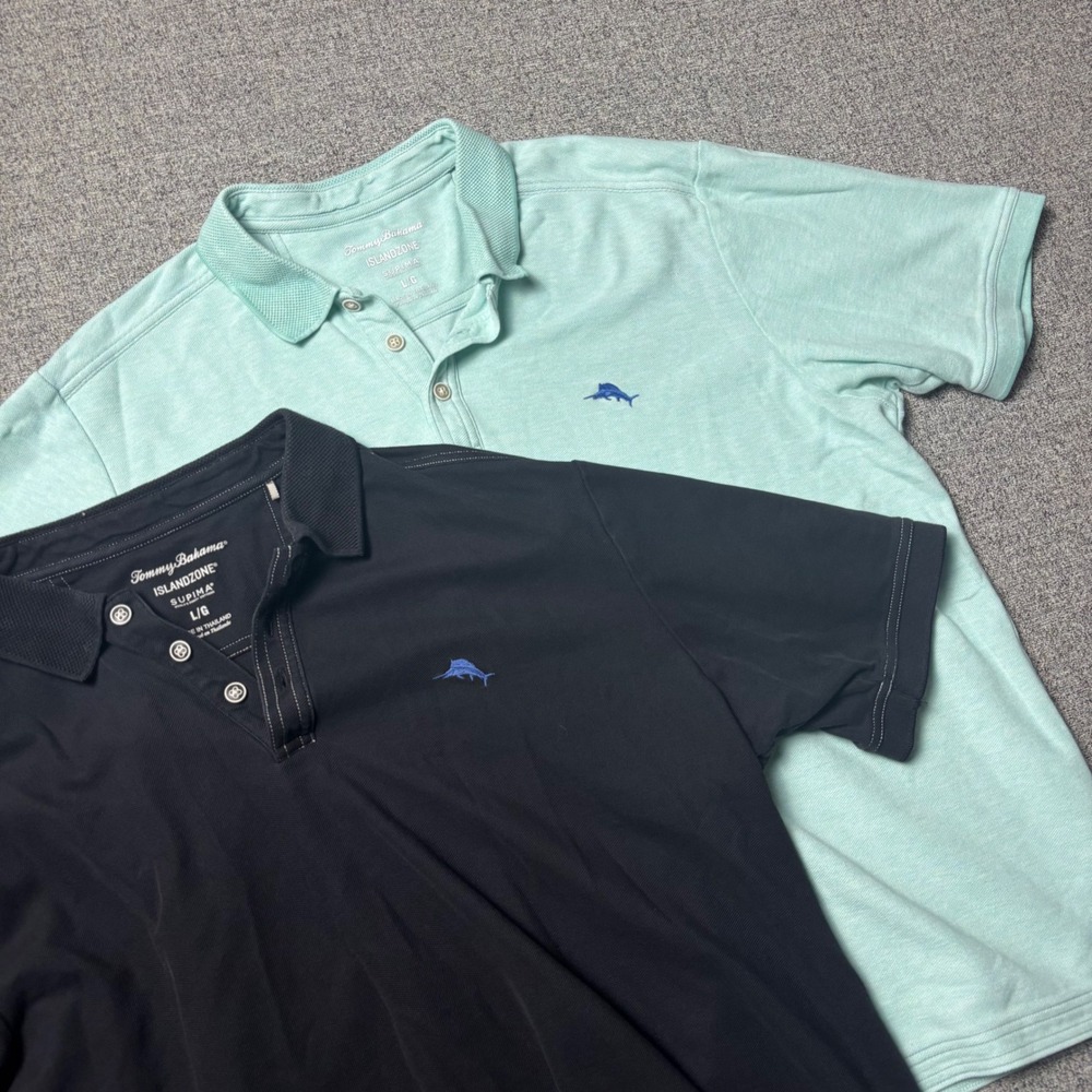 Tommy Bahama Polo Shirt Mens L IslandZone Supima Black Green Lot 2 Short Sleeve